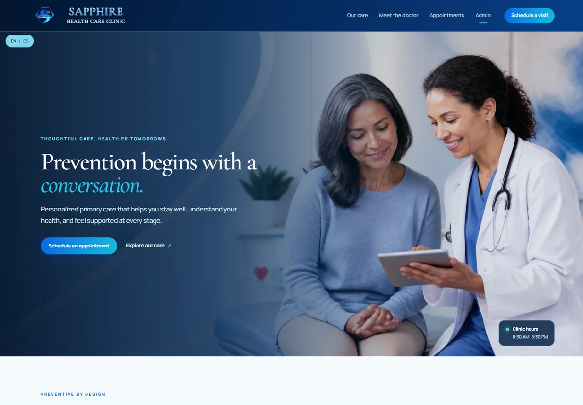 Sapphire Health Clinic website portfolio example