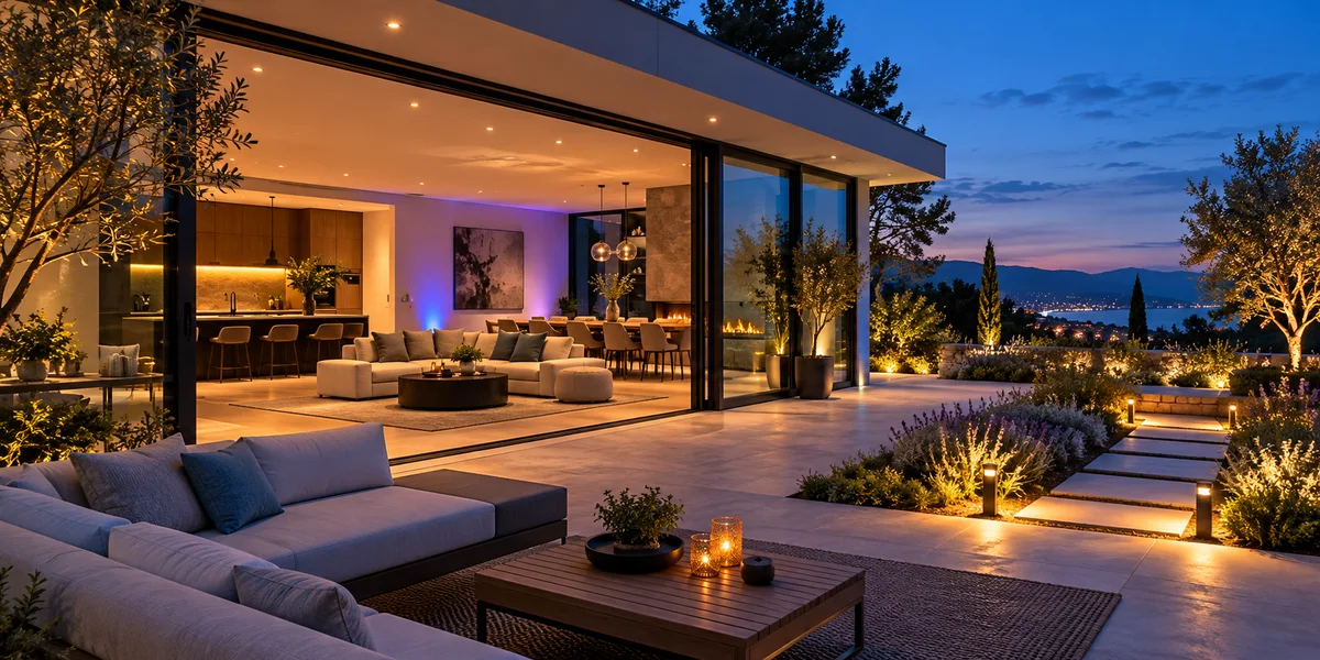 Modern home with connected indoor and outdoor lighting